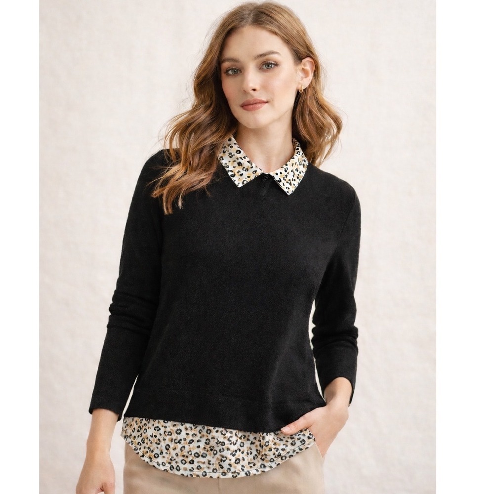J.Crew‎ Black Sweater Layered Leopard Collar Hem Top Preppy Chic Size S